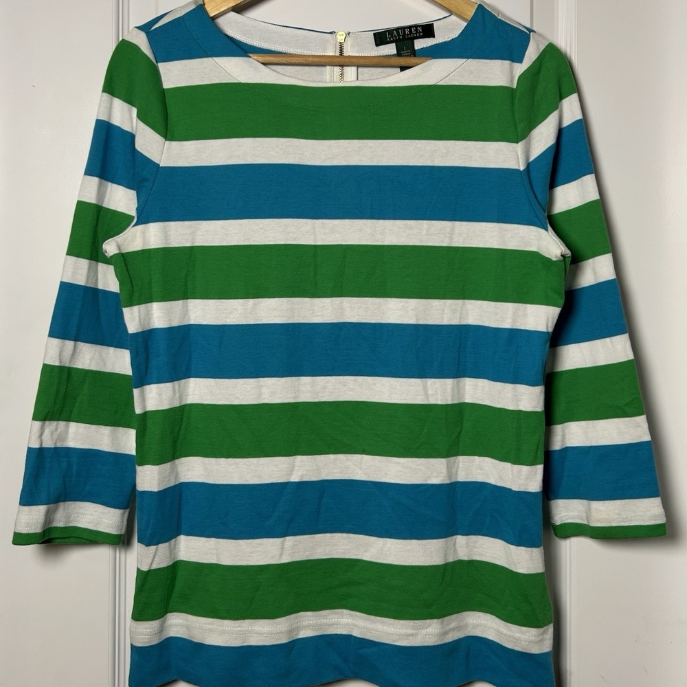 Lauren Ralph Lauren Cotton Green Blue Stripe Nautical Boatneck 3/4 Sleeve Top